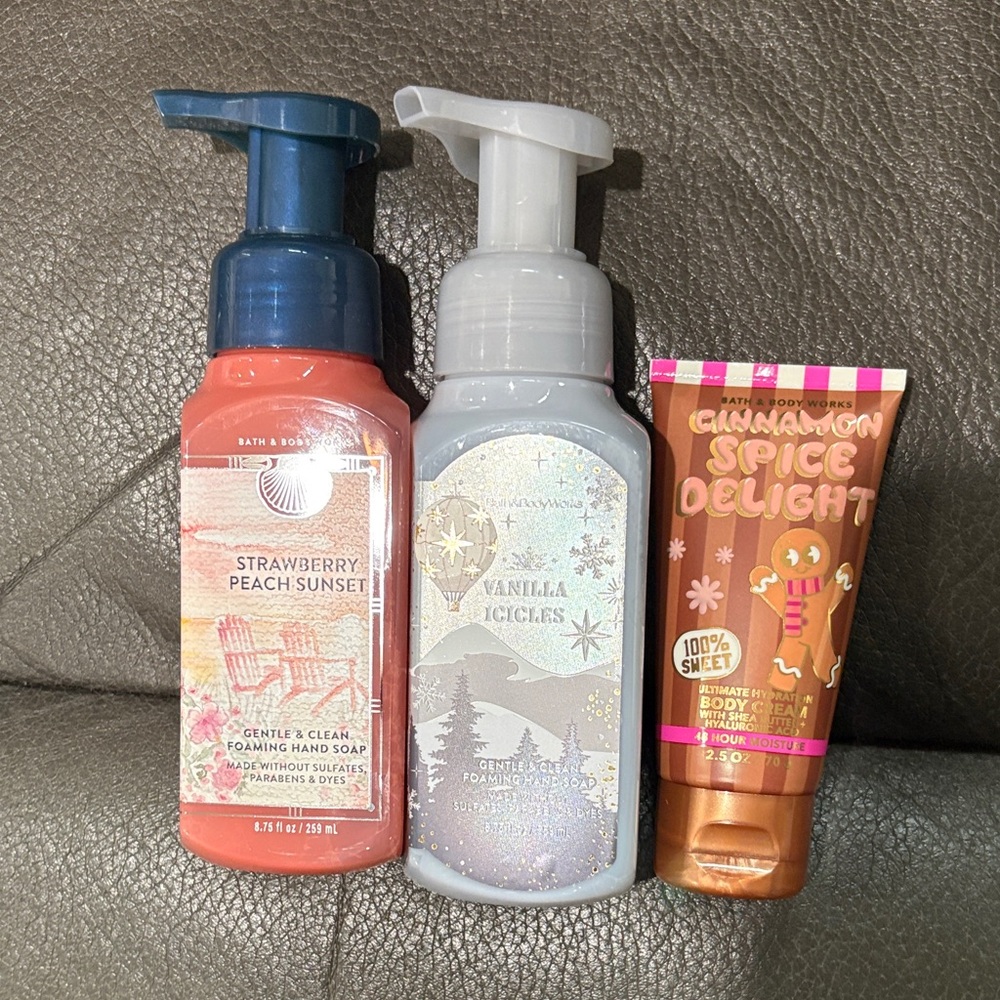 Bath and body strawberry sunset, vanilla icicle soap cinnamon spice body cream